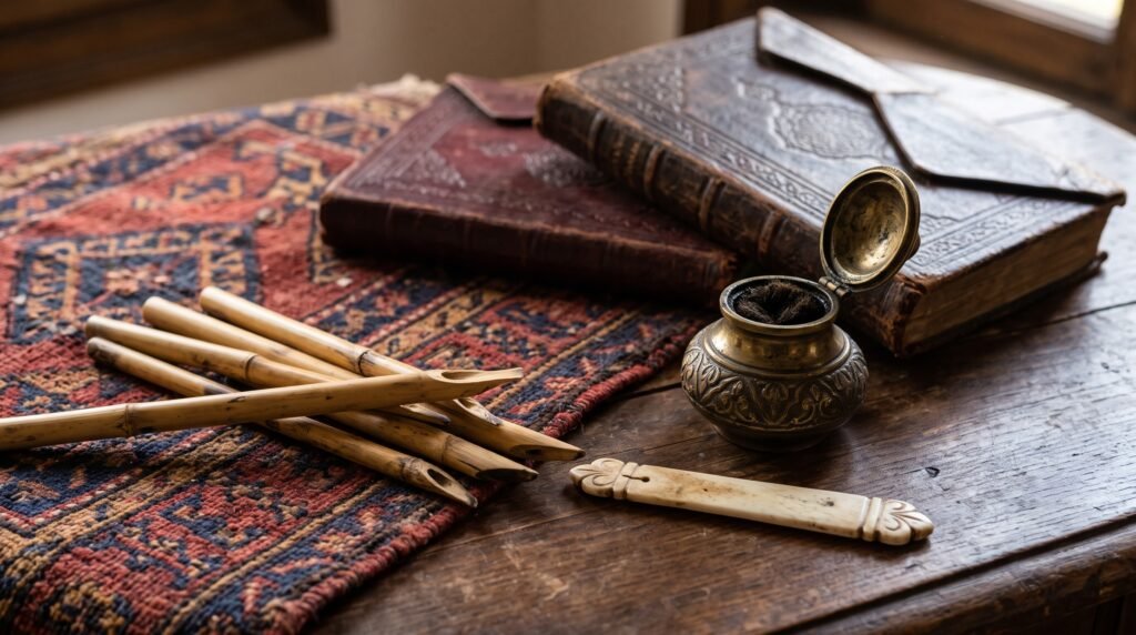 amış kalem, makta, kalemtıraş, hokka ve klasik ciltli el yazması kitap kapaklarından oluşan Osmanlı yazı malzemelerini gösteren temsili yapay zekâ görseli.